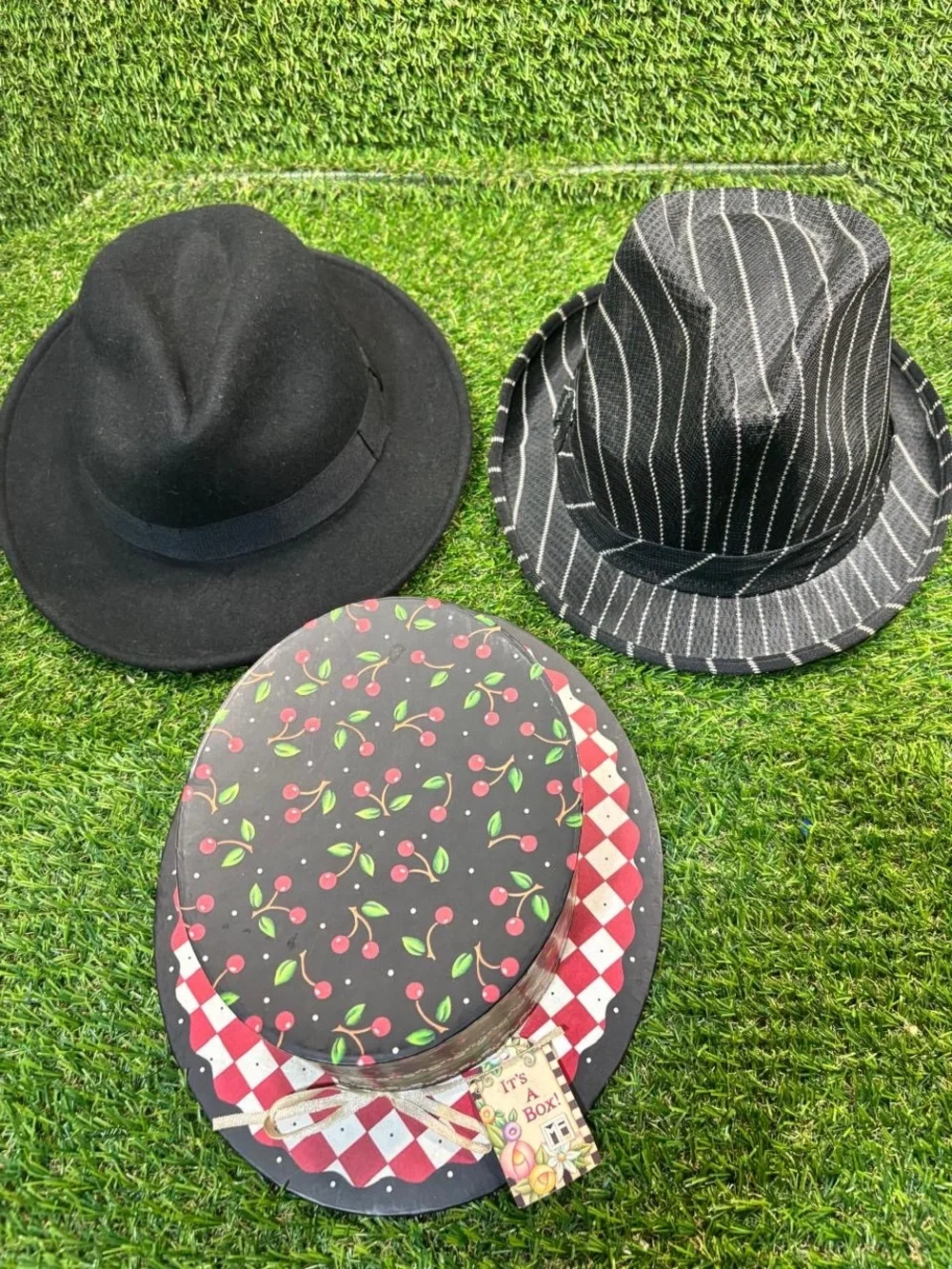Weatherproof Wool Fedora, Striped Fedora & Mary Engelbreit Hat Box Lot